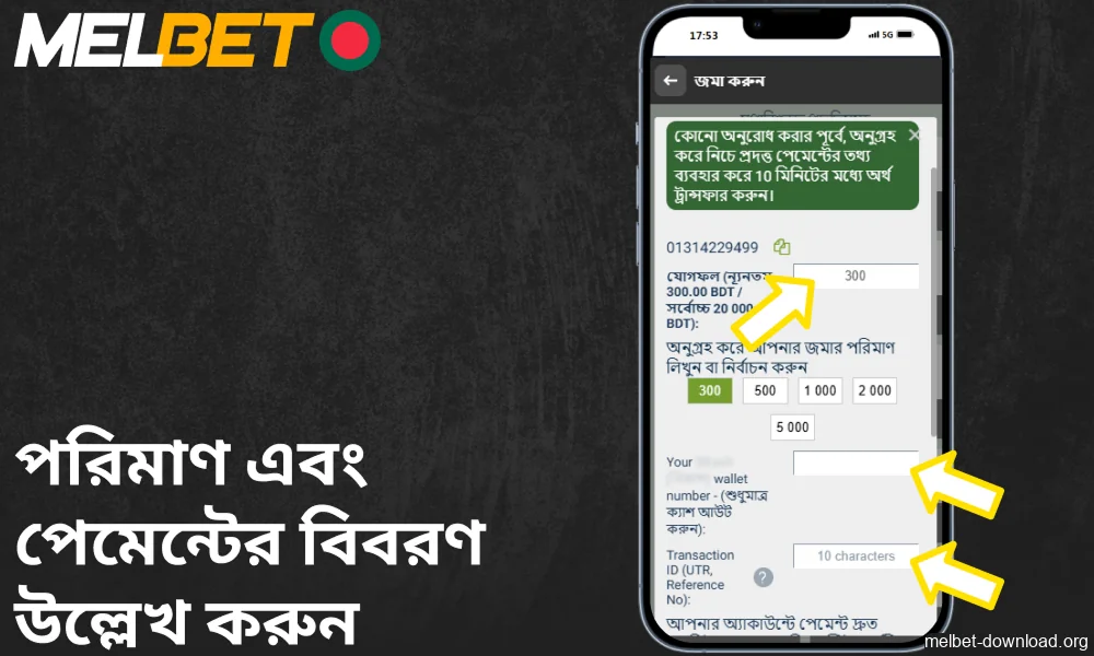 Melbet অ্যাপে পরিমাণ এবং পেমেন্টের বিবরণ উল্লেখ করুন।